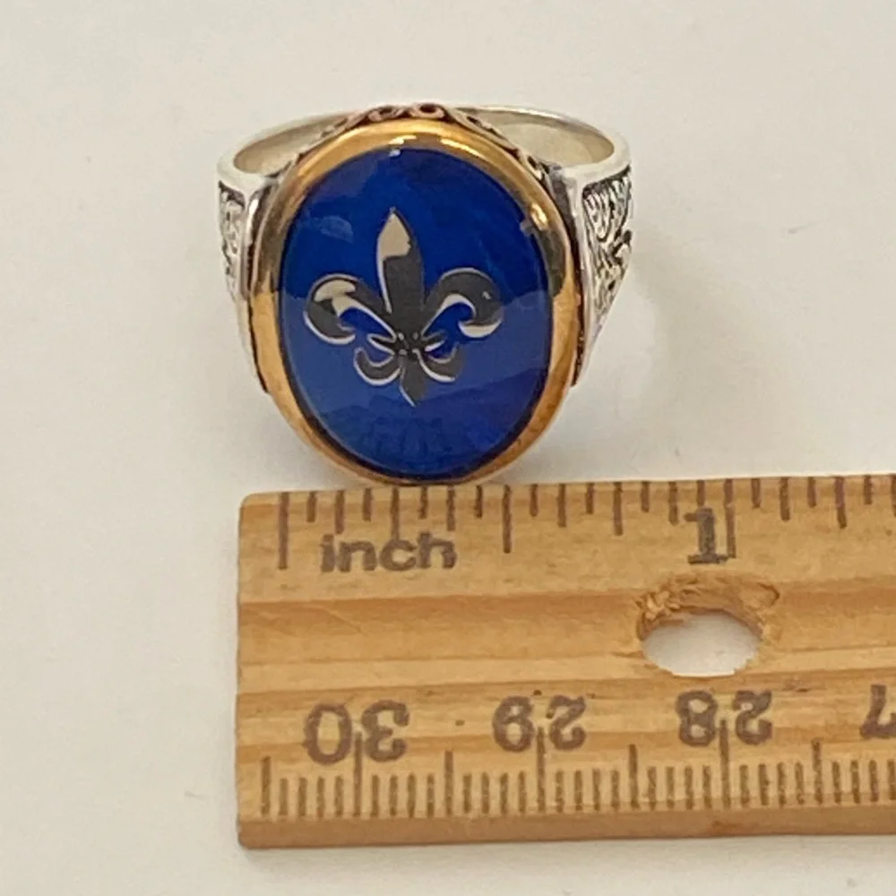 925 Sterling silver fleur de lis blue ring